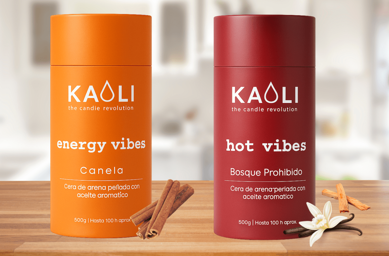 Cera de arena: Pack Hot + Energy - 1kg - (Vainilla y sándalo + Canela) - Kaoli - The candle revolution