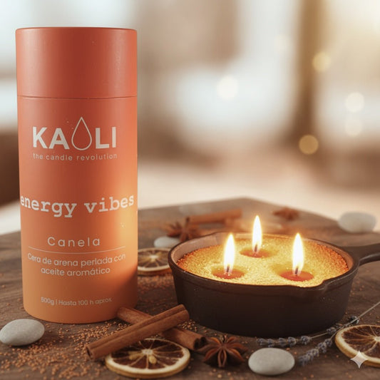 Cera de arena sin tóxicos, 100 horas de combustión por tubo: ENERGY VIBES - 500 gr - Canela - Kaoli - The candle revolution