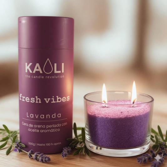 Cera de arena sin tóxicos, 100 horas de combustión por tubo: FRESH VIBES - 500gr - Lavanda selvática - Kaoli - The candle revolution
