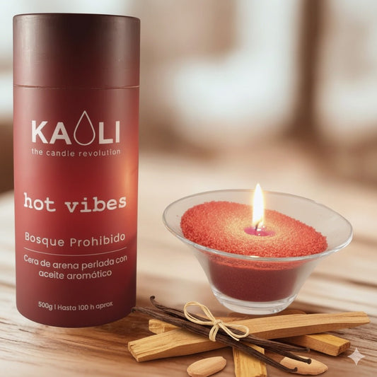 Cera de arena sin tóxicos, 100 horas de combustión por tubo: HOT VIBES - 500gr - Vela de arena (Vainilla y Sándalo) - Kaoli - The candle revolution