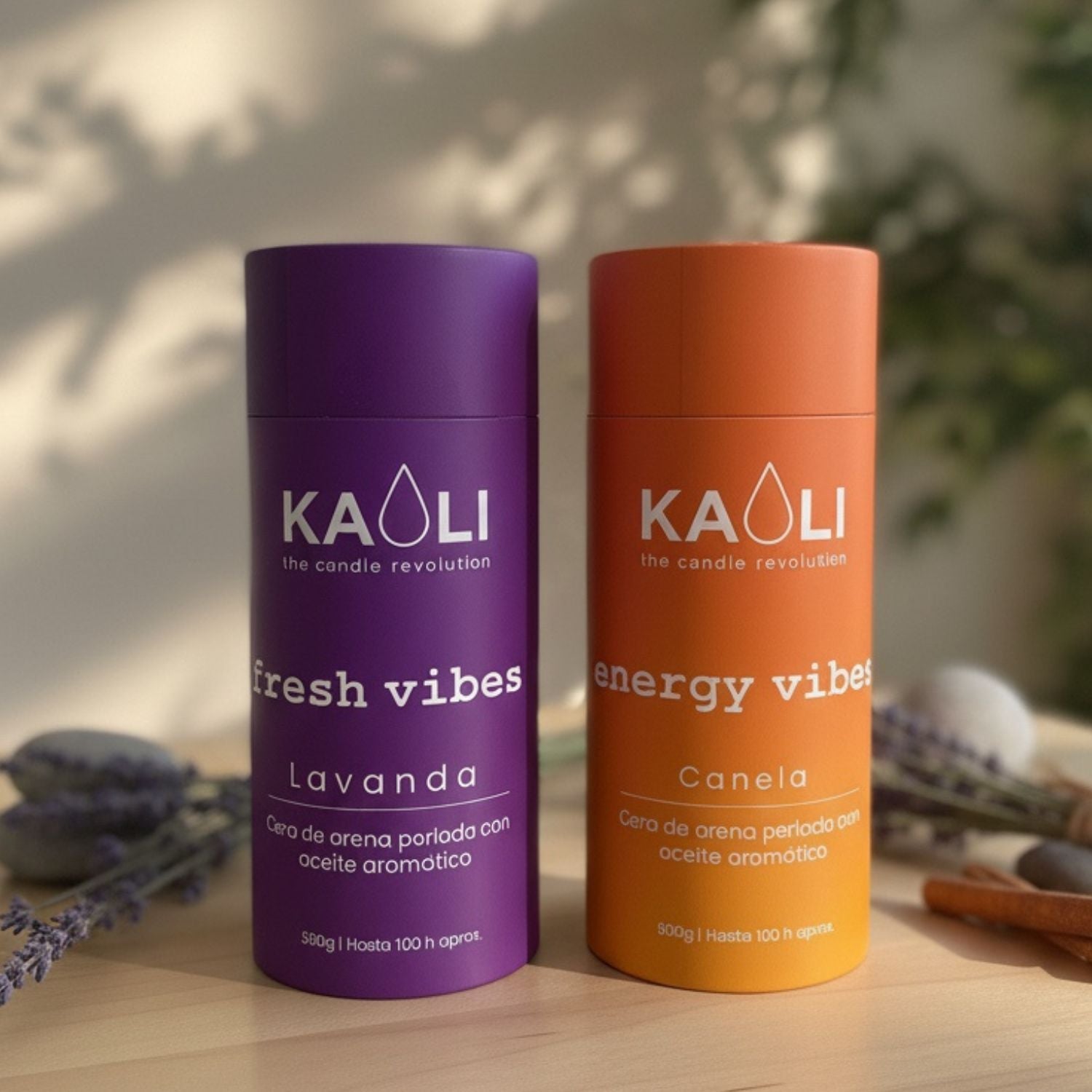 Cera de arena sin tóxicos, 100 horas de combustión por tubo: Pack Energy + Fresh - 1kg - (Canela + Lavanda) - Kaoli - The candle revolution