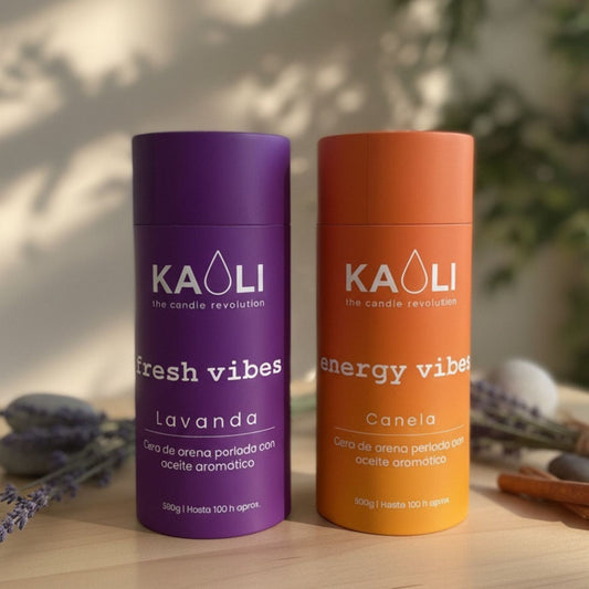 Cera de arena sin tóxicos, 100 horas de combustión por tubo: Pack Energy + Fresh - 1kg - (Canela + Lavanda) - Kaoli - The candle revolution