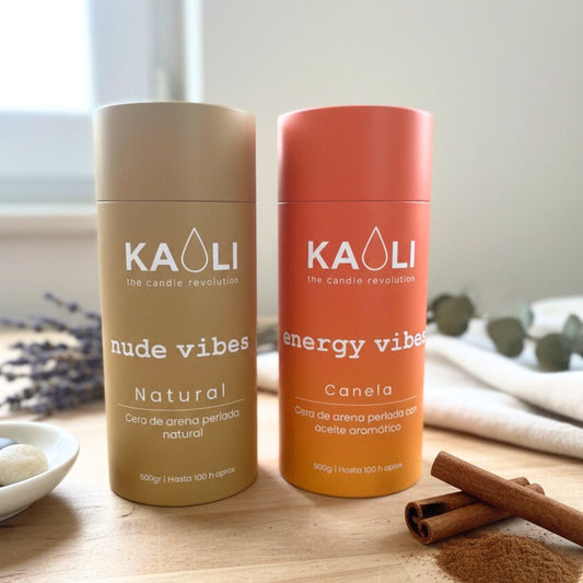 Cera de arena sin tóxicos, 100 horas de combustión por tubo: Pack Energy + Nude - 1kg - (Canela + Sin aroma) - Kaoli - The candle revolution