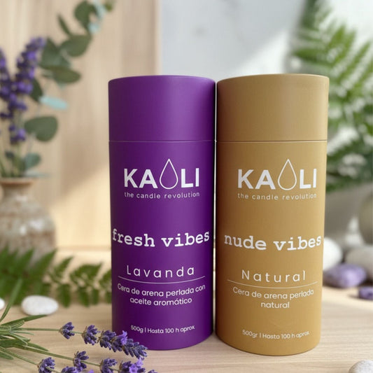 Cera de arena sin tóxicos, 100 horas de combustión por tubo: Pack Fresh + Nude - 1kg - (Lavanda + Sin aroma) - Kaoli - The candle revolution
