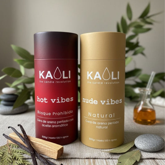 Cera de arena sin tóxicos, 100 horas de combustión por tubo: Pack Hot + Nude - 1kg - (Vainilla y sándalo + Sin aroma) - Kaoli - The candle revolution