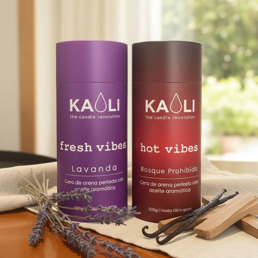 Cera de arena sin tóxicos, 100 horas de combustión por tubo:Pack Hot + Fresh - 1kg - (Vainilla y Sándalo + Lavanda) - Kaoli - The candle revolution