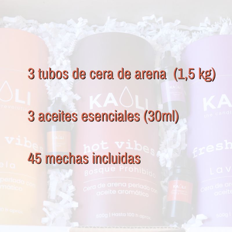 Pack Black Vibes —Cera de arena (Lavanda, Canela y Vainilla sándalo) + 3 Aceites esenciales - Kaoli - The candle revolution