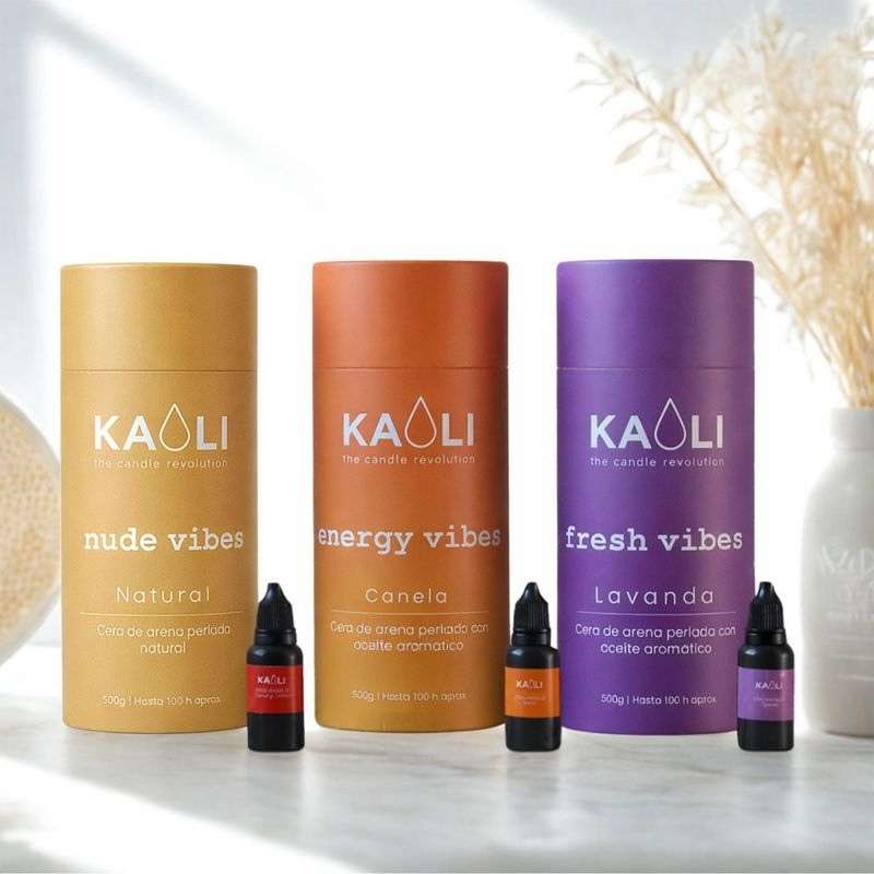 Pack Gift Vibes —Cera de arena (Lavanda, Canela y Blanca sin Aroma) + 3 Aceites esenciales de regalo - Kaoli - The candle revolution
