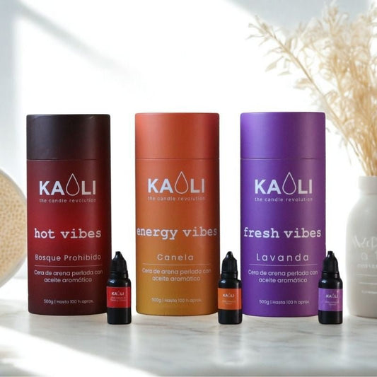 Pack Gift Vibes —Cera de arena (Lavanda, Canela y Vainilla sándalo) + 3 Aceites esenciales de regalo - Kaoli - The candle revolution